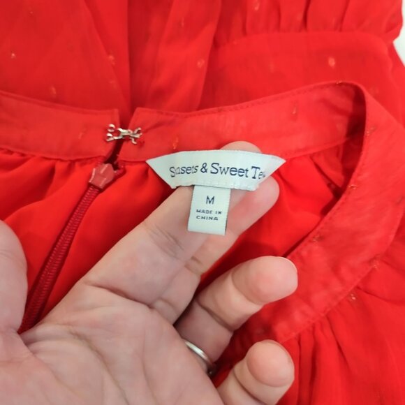 Sunsets & Sweet Tea M Red Chiffon 3/4 Sleeve Ruffle Frill Lined Blouse Top Night - Picture 12 of 12